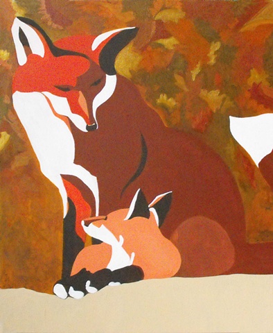 fox with cub fall colors acrylic on wood painting lauren karrenberg