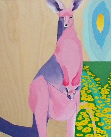 Pink kangaroo with joey acrylic painting on wood by lauren karrenberg