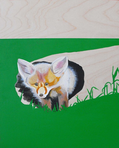 baby fox in a log acrylic on wood painting by lauren karrenberg