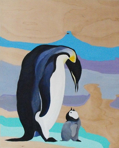 penguin with baby ice blue acrylic on wood commissioned painting by lauren karrenberg