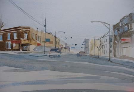 Devon Ave, Watercolor, Chicago Cityscape