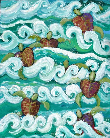 Turtles heading for deep water.