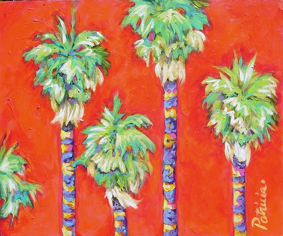 Palms on lipstick red background island folk art