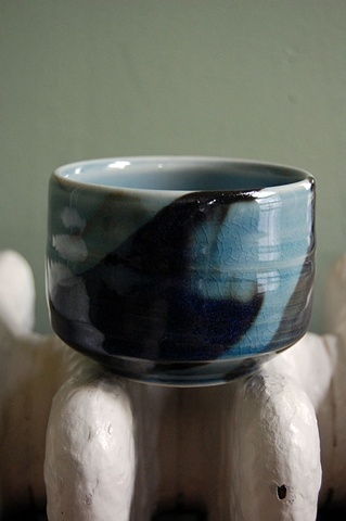 thrown porcelain yunomi, slip, glaze, cone 10 oxidation