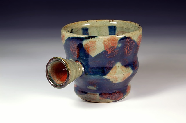 thrown stoneware cup, slips, celadon glaze, cone 10 reduction