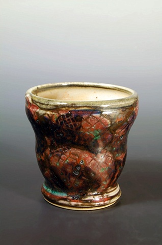 thrown porcelain cup, multiple glazes, cone 10 reduction