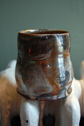 thrown stoneware yunomi, slip, shino glaze, cone 10 reduction