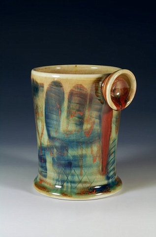 thrown porcelain tumbler, slips, celadon glaze, cone 10 reduction