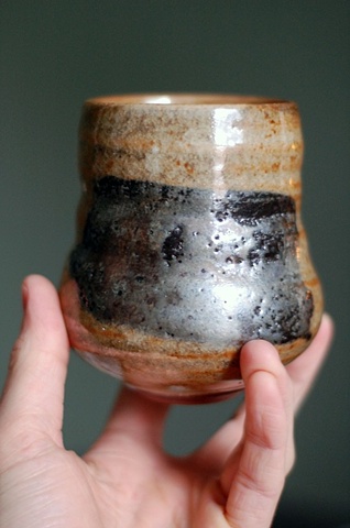 thrown stoneware tea bowl  with slip, cone 10 reduction