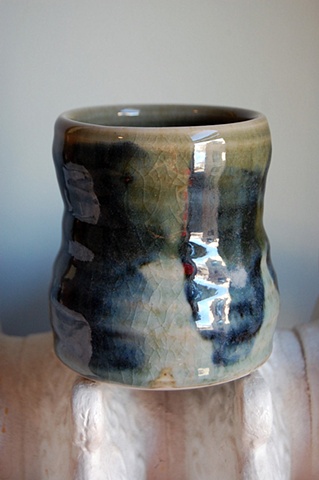 thrown porcelain tea tumbler, cobalt and iron slip decoration, blue celadon glaze