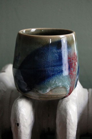 thrown porcelain yunomi, slips, celadon glaze, cone 10 reduction
