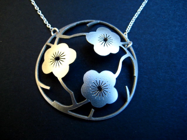 3 Gorgeous Cherry Blossoms sawpierced out of sterling silver, domed and sandblasted japanese pendant