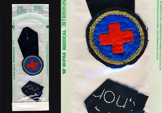 disinfected embroidered insignia 
and back-label for 'fredrik', 
wipak medical pack.
used