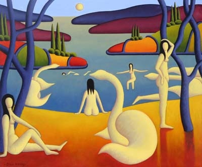  white bathers by lake