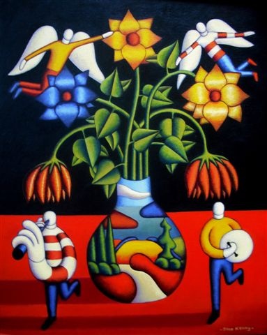 softvase with flowers and figures
