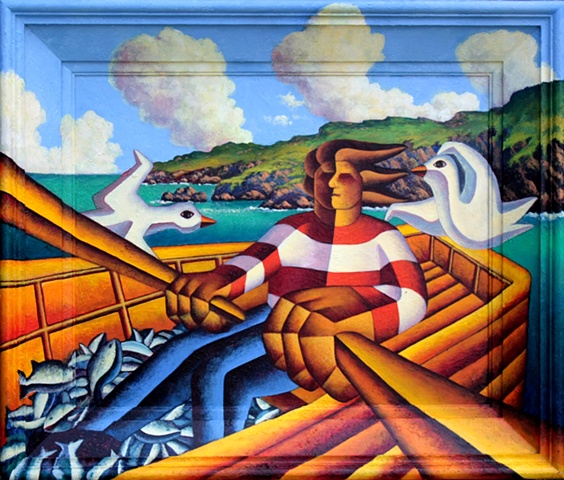 Fisherman in boat with gulls painted on to frame 3