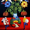 softvase with flowers and figures