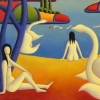  white bathers by lake