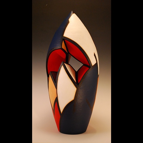 Clay sculpture, wheel-thrown and altered by Terry Habeger, handpainted with acrylic paint.