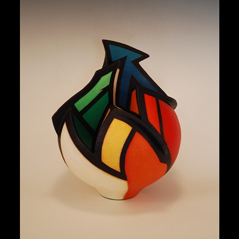 Acrylic paint on sculptural clay form by Terry Habeger, wheel-thrown and altered.