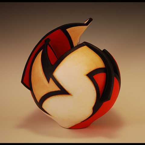 Wheel-thrown and altered clay form by Terry Habeger, handpainted with acrylics.