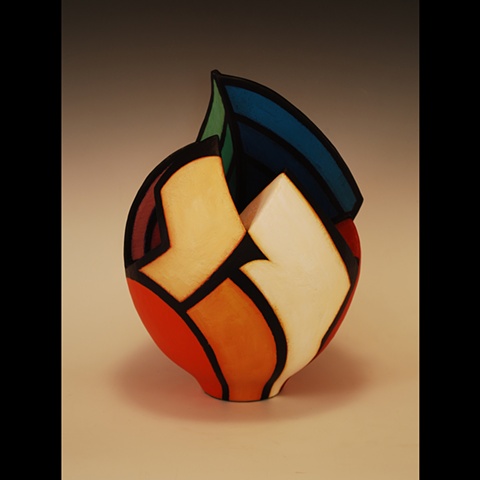 Wheel-thrown and altered clay form by Terry Habeger, handpainted with acrylics