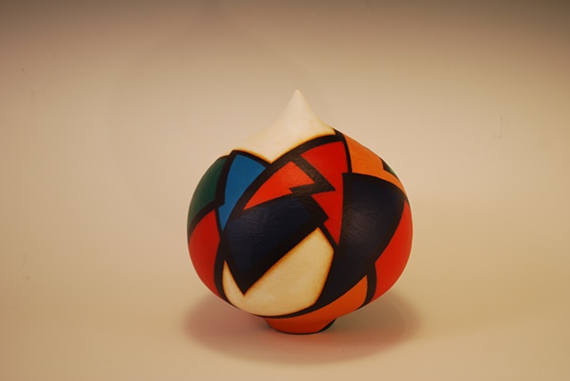 Wheel-thrown, sculptural clay form by Terry Habeger, handpainted with acrylics.