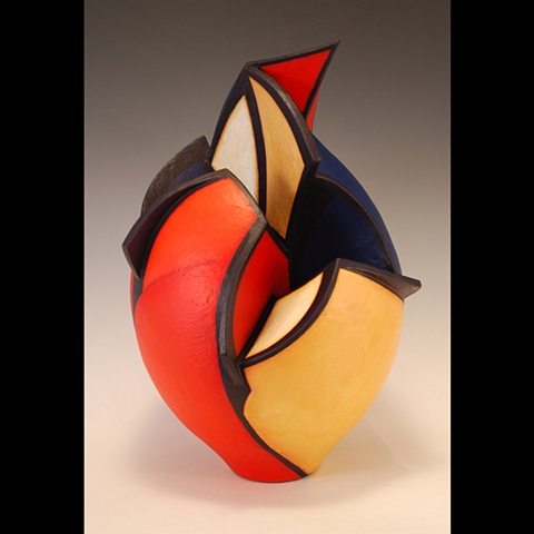 Wheel-thrown altered ceramic  form handpainted with acrylic paint by Terry Habeger