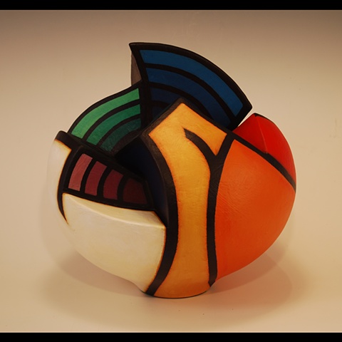 Wheel-thrown, sculptural clay form by Terry Habeger, Altered with Clay Slabs. Painted with Acrylics
