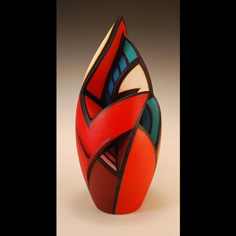 Wheel-thrown and altered clay form by Terry Habeger, handpainted with acrylics.