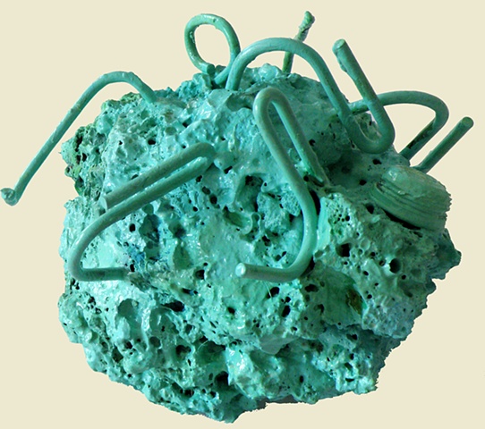 sculpture, mixed media, found objects, metal, stone
