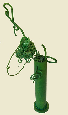 painted sculpture, mixed media, found objects, metal, fur