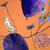 Bird with purple balloons