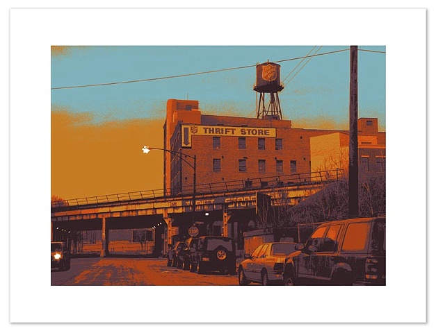 Screen print of Grand Avenue at Union -- Chicago's River West neighborhood