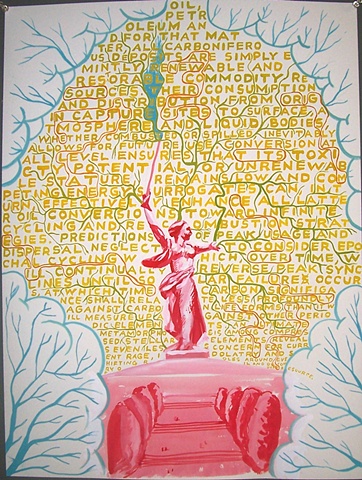 hand drawn text with clouds and sword wielding statue drawing by Kenny Cole
