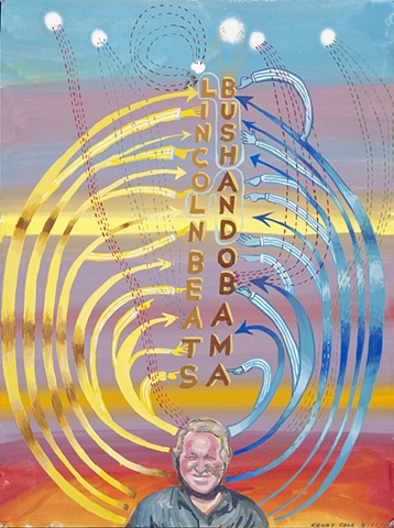 Gouache drawing of arrows, text and portraiture of white haired man by Kenny Cole