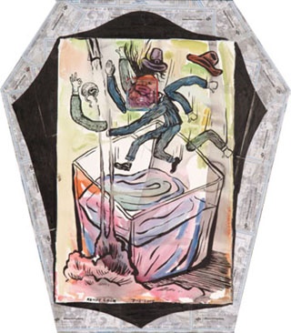coffin shaped canvas with ink on paper