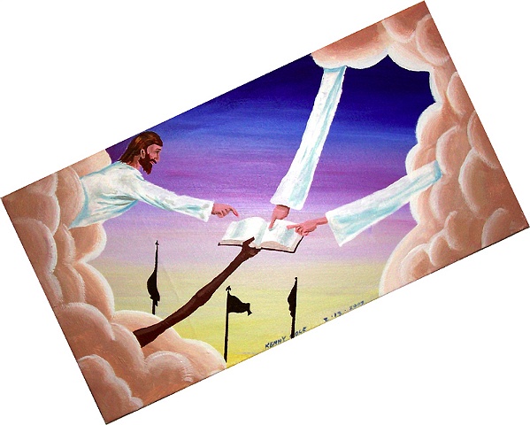An acrylic painting of Jesus, brown clouds and silhouetted flags in the distance