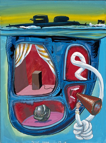 Submarine painting on paper with megaphone imagery by Kenny Cole