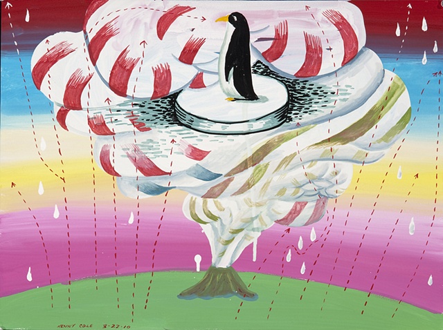 Gouache drawing of a volcano with billowing striped smoke and penguin by Kenny Cole