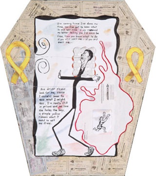 coffin shaped canvas with ink on paper