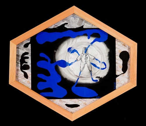 Shaped black and blue drawing in a wood frame