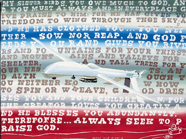 Gouache drawing of a Predator Drone with hand drawn text from Saint Francis by Kenny Cole