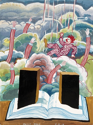 Gouache drawing of large speakers in front of clouds smoke and a falling clown by Kenny Cole