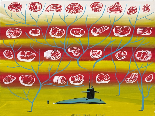 Submarine painting on paper with meat imagery by Kenny Cole