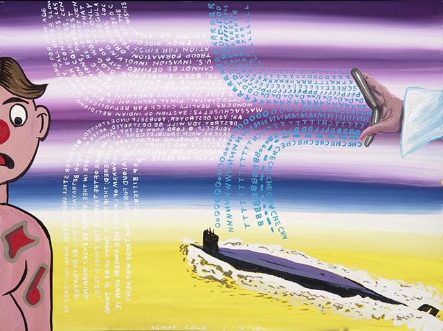 Submarine painting on paper with purple stripes by Kenny Cole