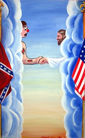 An acrylic painting of flag poles, blue clouds, Jesus and Cavity Sam