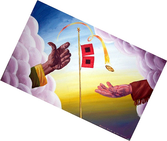 An acrylic painting of a flag pole, purple clouds and costumed hands flipping a coin