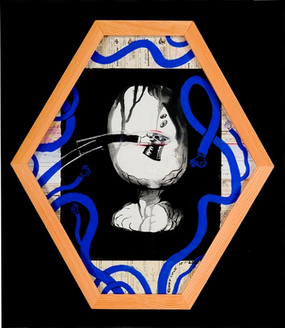 Shaped black and blue drawing in a wood frame
