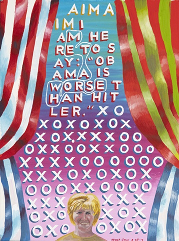 Gouache drawing of Bunting, text and portraiture of blond woman by Kenny Cole